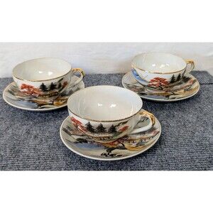 Vintage Japanese Dove China Teacups & Saucers Set of 3 — Mt. Fuji Landscape